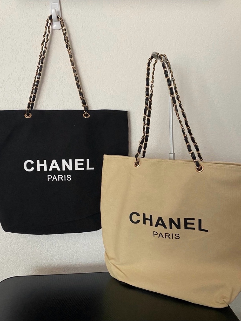 CHANEL Cream Canvas Tote with Black CC Logo